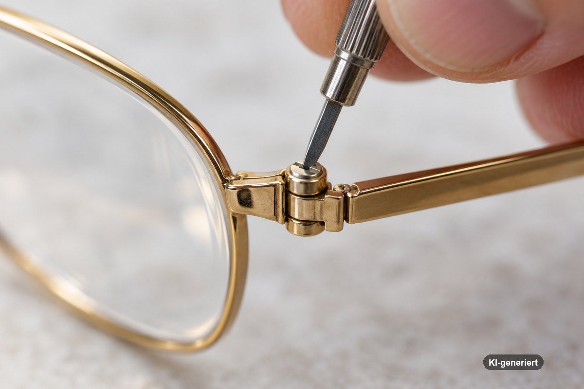 Mini-Schraubendreher steckt in der Scharnierschraube einer Metallbrille