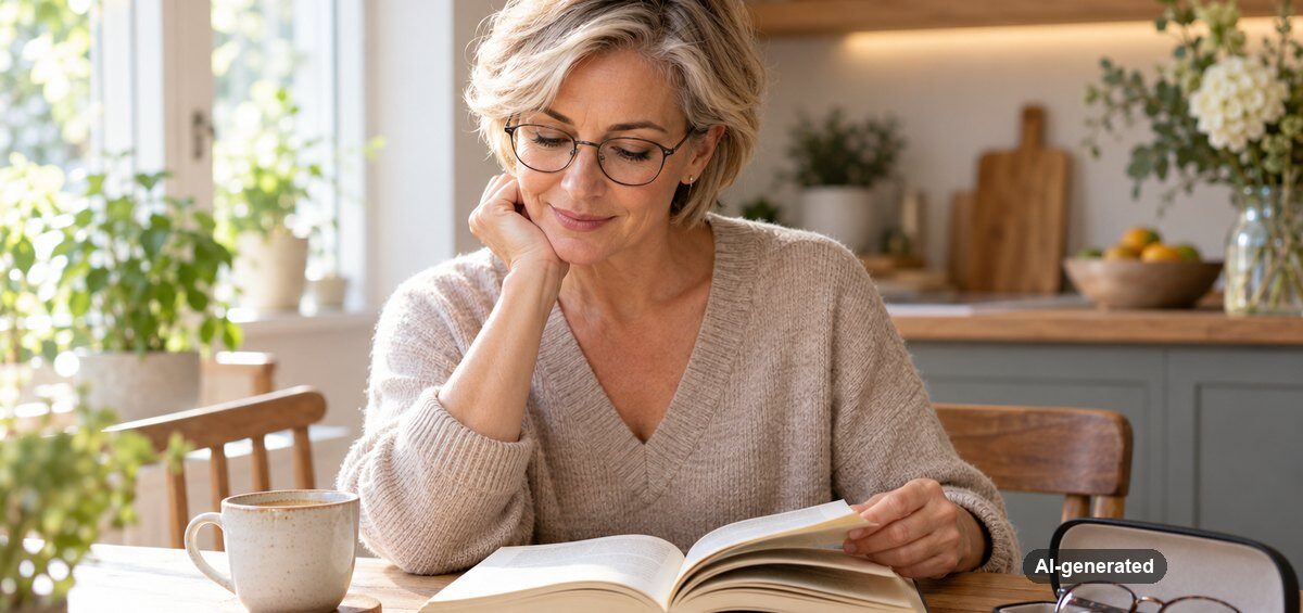 Woman wearing varifocal glasses reading a book at the kitchen table