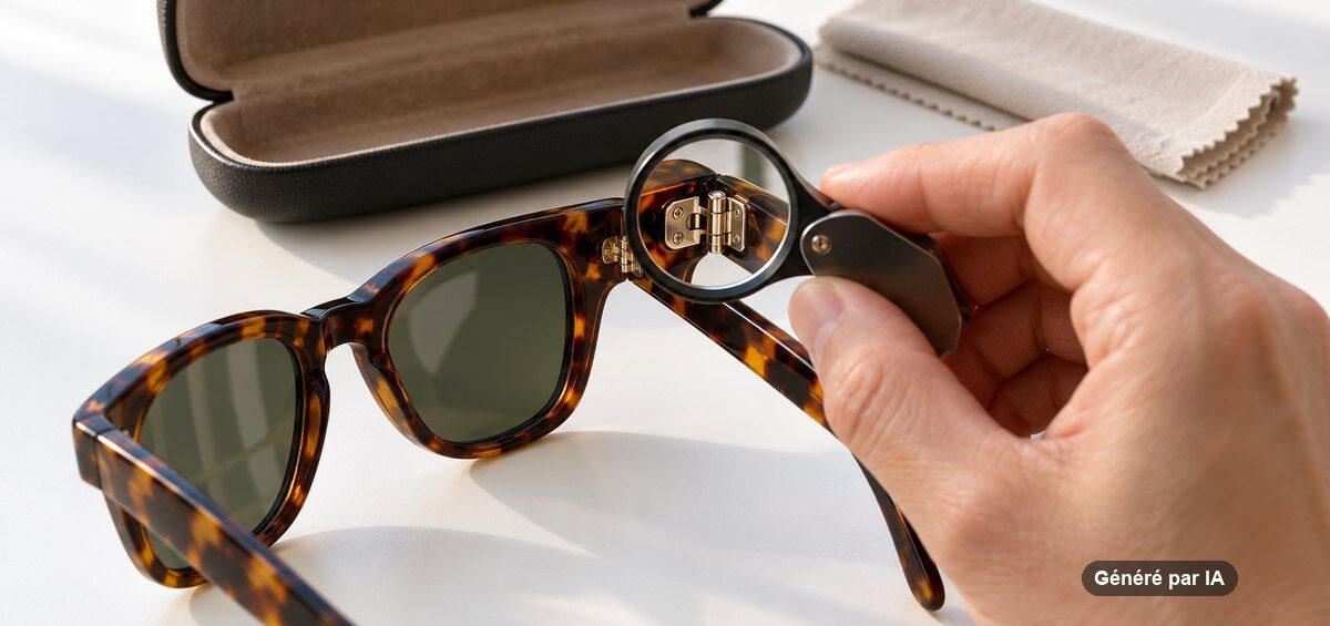 Charnière de lunettes de soleil examinée à la loupe