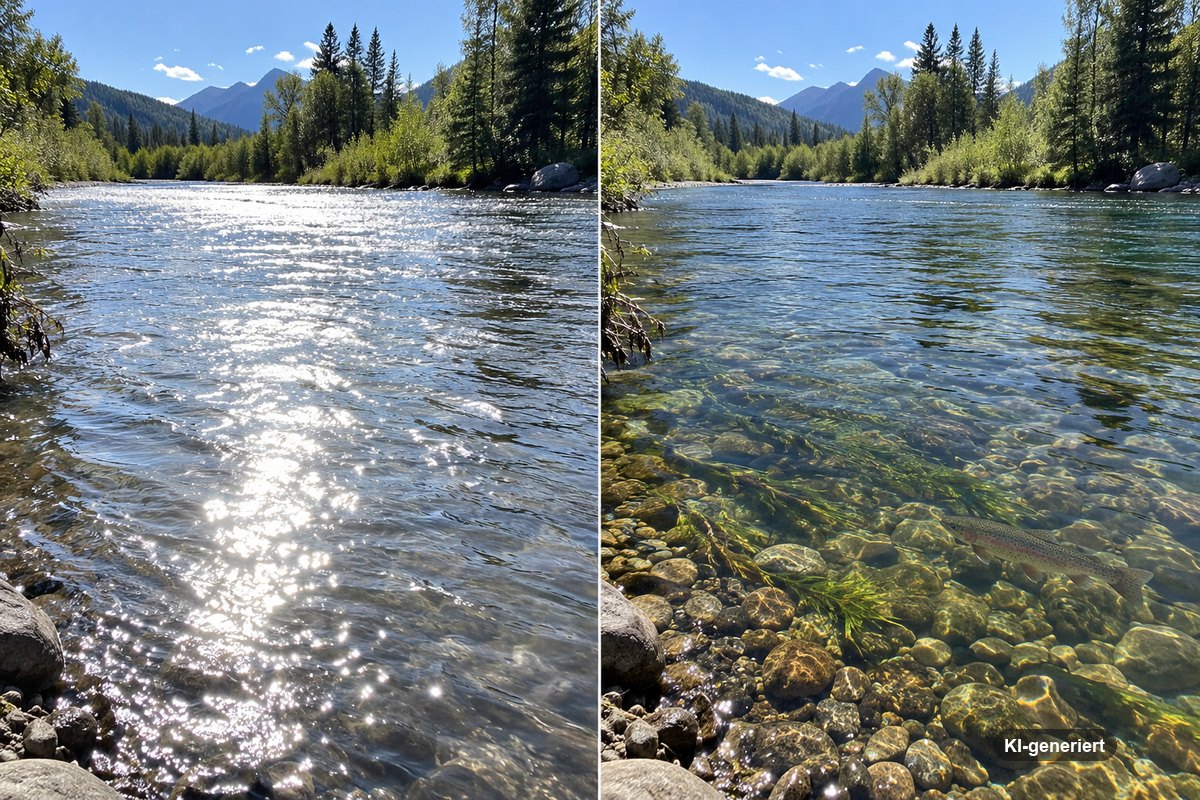 Fluss im Vergleich: links Spiegelungen auf dem Wasser, rechts mit Polfilter klare Sicht auf Steine und Fisch