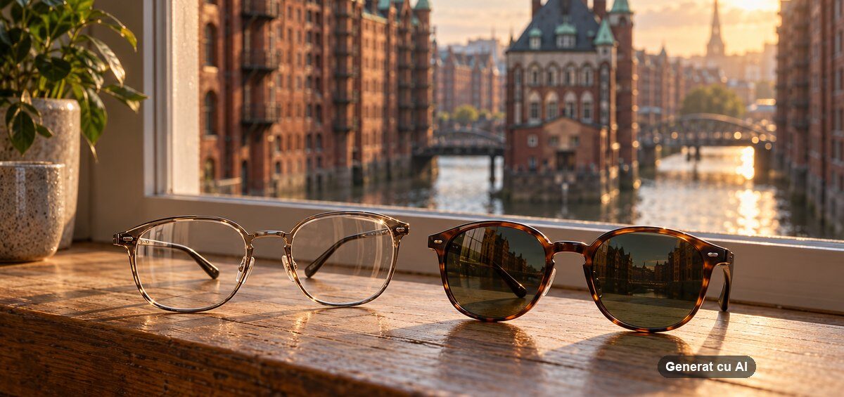 Ochelari de vedere și de soare pe un pervaz, cu Speicherstadt din Hamburg în fundal